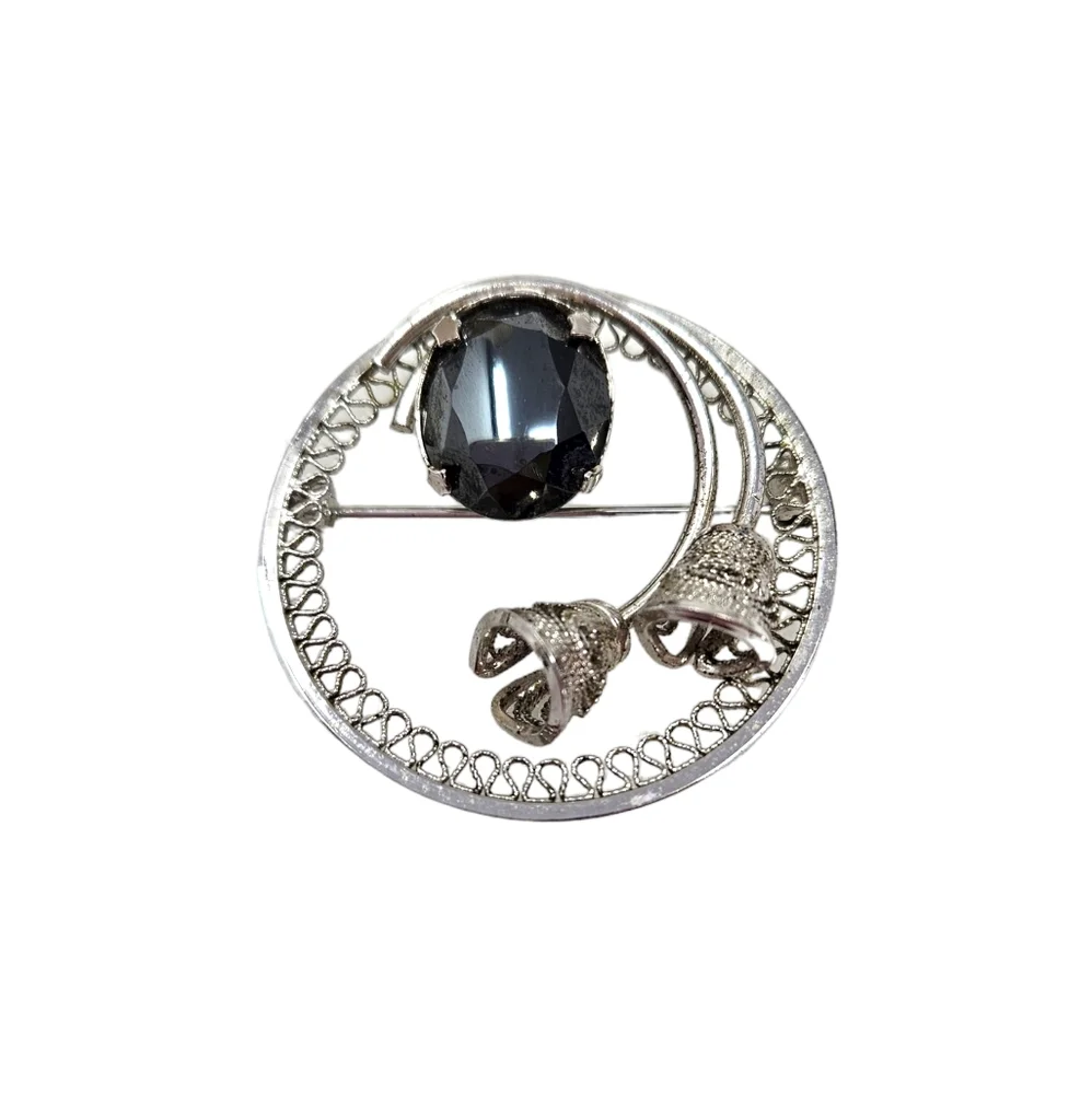 Vintage Zeidell's Sterling Hematite Brooch Filagree Bells